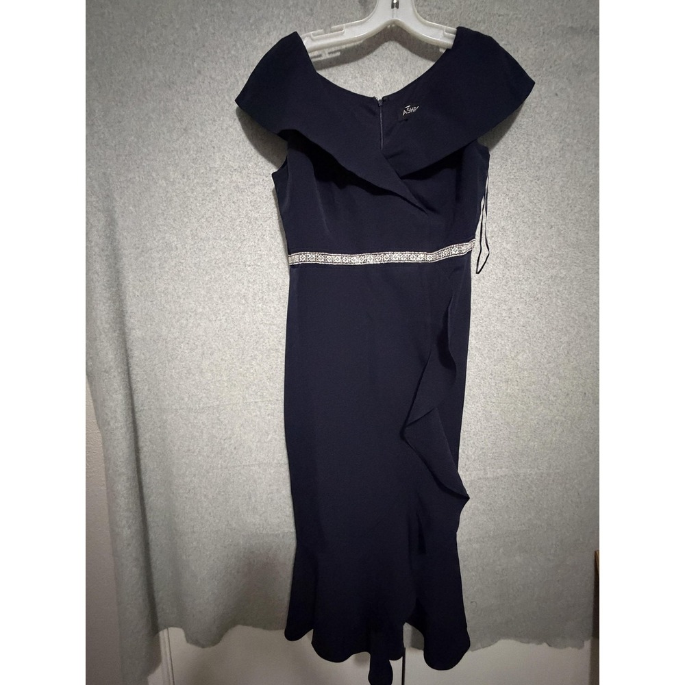 Ashro Dress Womens 6 Blue Off Shoulder Rhinestone Waist‎ Mermaid Midi Formal